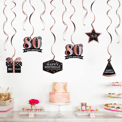 LINGTEER Happy 80th Birthday Decorations - 12 Pcs Birthday Black & Rose Gold Foil Swirls Streamer Set,Cheers to Eighty Years Old Bday Party Gift D...