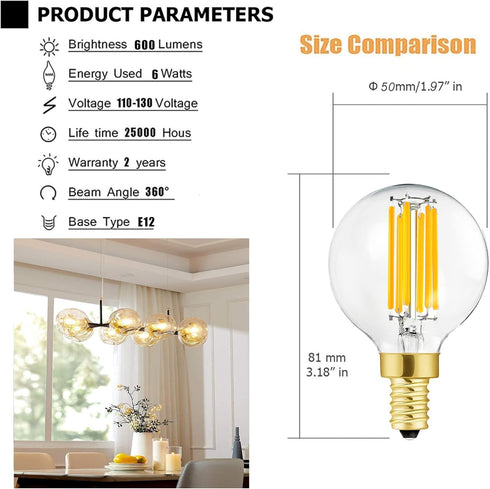 Leools e12 led Bulb dimmable g16.5 6W Equal 60 Watt 600lm AC120V e12 Candelabra Bulb for Chandeliers,Ceiling Fan,Vanity Soft White 3000K Globe e12...