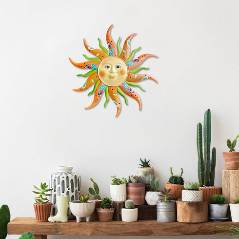 Metal Sun Wall Art Decor-17.3 inches Rustic Retro Sun Hanging Decoration for Indoor Outdoor Garden Yard Patio Fence Living Room Bedroom(Green)...