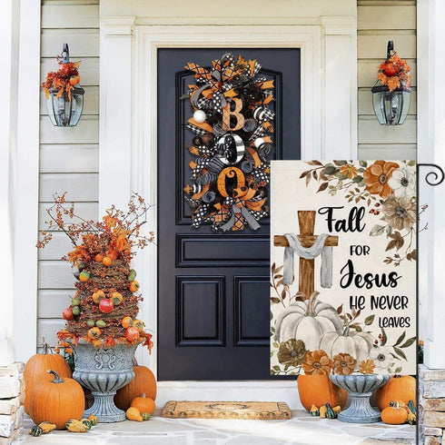 Fall Cross Garden Flags for Outside Decorations, Religious Cross Fall for Jesus with Pumpkins Maple Leaves Small Yard Flag, Harvest Autumn Thanksg...