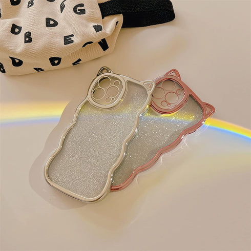 Compatible with iPhone 11 Case for Women/Girls, Cute Cat Ears Luxury Plating Glitter Bling Back Curly Wave Anti-Scratch Shockproof Case for iPhone...