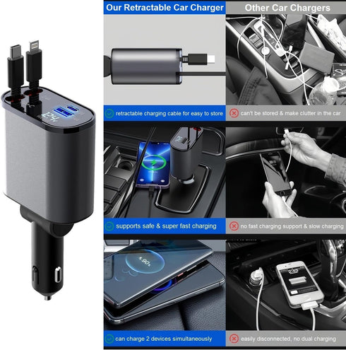 Retractable Car Charger Fast Charging - 66W 4-in-1 USB C Car Phone Charger Cigarette Lighter Adapter Car Charger Compatible with iPhone 15 14 13 1...