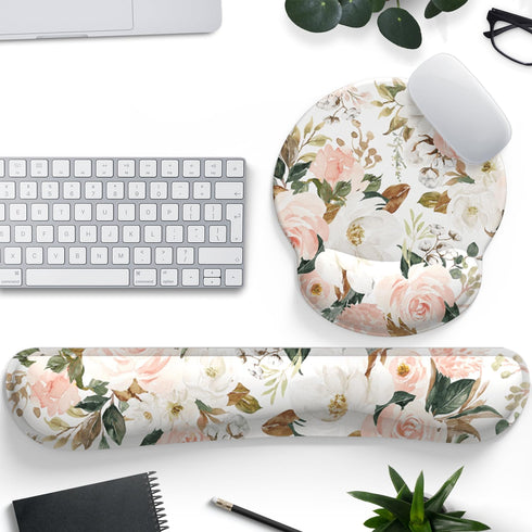 Pink Flower Desktop Mat Aesthetic Wrist Support Keyboard Mouse Wrist Rest Set, Computer Office Comfortable Wrist Rest for Mouse Easy Typing & Pain...
