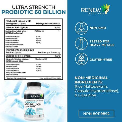 Renew Actives New Probiotics 60 Billion CFU with MAKTREK Bi-Pass Technology, Probiotics Made to Survive Stomach Acid with Advanced Absorption for ...