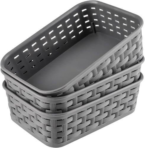 3 Pack Small Plastic Basket, Storage Bin Baskets for Organizing, Pantry Organizer Household Wicker Storage for Laundry Room, Bedrooms, Kitchens, C...