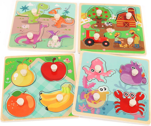 Wooden Peg Puzzles for Toddlers 1-3, Kids' Educational Preschool Peg Puzzle Toy, Set of 4 Toddler Puzzles - Farm, Dinosaur, Fruit and Marine Anima...