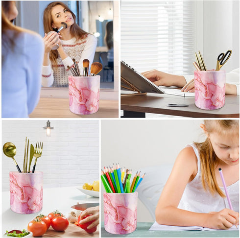 WAVEYU Pen Holder for Women Girls, Pencil Cup Pink Desk Decor, Makeup Brush Holder Large Pu Leather Multi-Functional Organizer Cup for Office, Cla...
