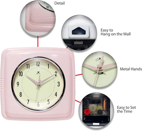 Infinity Instruments Square Silent Retro 9 inch Mid Century Modern Kitchen Diner Retro Wall Clock Quartz Sweep Movement (Pink)...