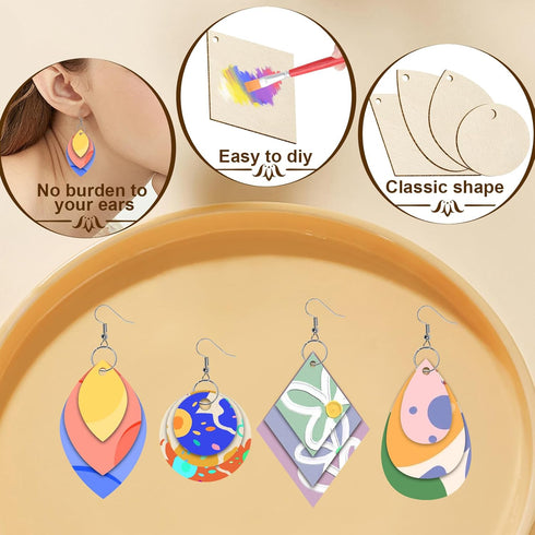 wexpw 320 Pieces Unfinished Wooden Earrings Blank Wood for Earring Pieces 4 Shapes for Wooden Earring with 100pcs Earring Hooks &100pcs Jump Rings...
