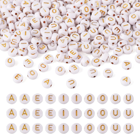 FASHEWELRY 500Pcs Vowel Acrylic Letter Beads A/E/I/O/U Initial Beads White Gold Flat Round Alphabet Letter Beads for DIY Name Bracelet Jewelry Mak...