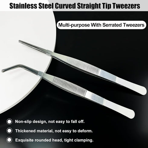 4 Pieces Long Tweezers,Long Handle Stainless Steel Straight and Curved Tweezers Nippers,Precision Craft Tweezers Set with Serrated Tips,Bonsai Too...
