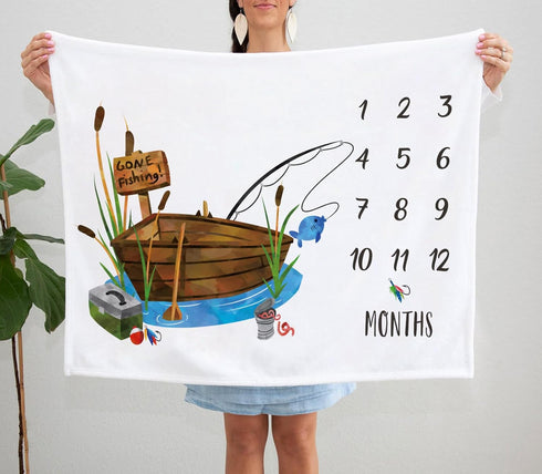 Fishing Baby Monthly Milestone Blanket, Gone Fishing Baby Boy Growth Chart Milestone Photo Blanket, Fishing Boat Newborn, Includes Marker (50"x40"...