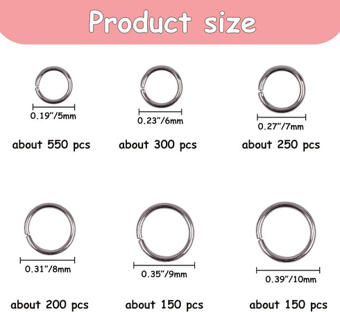 YAKA 1600Pcs 6 Different Sizes Open Jump Rings,5mm 6mm 7mm 8mm 9mm 10mm Ring Jewelry Keychain for Jewelry Making Accessories,1Pcs Jump Ring Open/C...