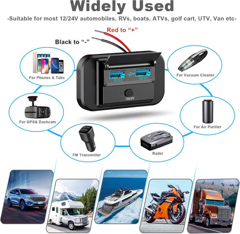 2PCS 12V RV USB Outlet with Power Switch, 36W Dual Quick Charge QC3.0 USB-A Port Panel Wall Surface Mount, 12Volt Car USB Socket Charger Adapter f...