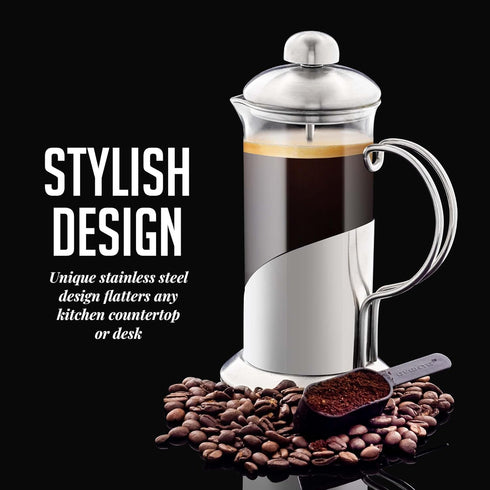 OVENTE French Press Coffee Maker 12 Ounce, 4 Level Stainless Steel Filter System & Heat Resistant Borosilicate Glass, Scoop included, Silver FSL12...