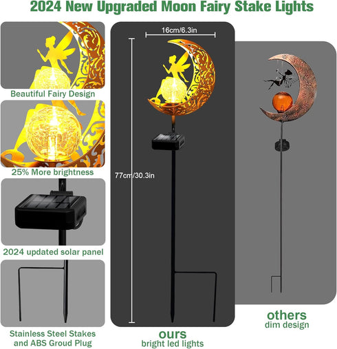 ZNYCYE Garden Solar Lights Outdoor Decorative, Moon & Fairy Solar Stake Crackle Glass Globe, Gardening Gifts for Women, Garden Stake Lights Waterp...