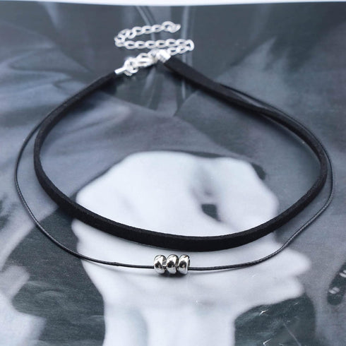 Boho Layered Suede Choker Necklace Short Black Velvet Choker Necklace Vintage Leather Necklace Silver Bead Collar Necklace Chain Jewelry for Women...