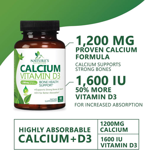 Calcium 1200 mg Plus Vitamin D3, Bone Health & Immune Support - Nature's Calcium Supplement with Extra Strength Vitamin D for Extra Strength Carbo...