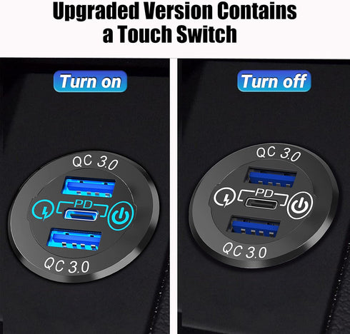 12V USB C Car Charger Socket 2 Pack, Qidoe 56W Aluminum Socket 12V USB Outlet 20W PD3.0 USB-C and Dual QC3.0 Ports with Touch Switch Waterproof DI...