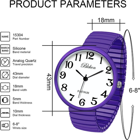 Blekon Collections New Super Large Face Stretch Band Japanese Movement PC21J Fashion Watch (Lavender)...