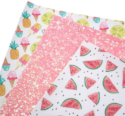 Summer Fruits Faux Leather Sheet Glitter Synthetic Leather Fabric Assorted 5 Pcs 7.7" x 12.9" (20 cm x 33 cm) for Hair Bows Headbands Making...