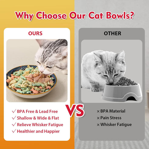 5.5 inch Wide Shallow Cat Food Bowl Set for Relief Whisker Fatigue -Ceramic - 6 Colorful Cute Small Flat Kitten Feeding Dish/ Dishes - Microwave a...