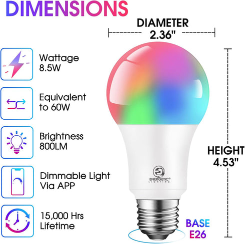 Energetic Matter LED Smart Light Bulb Color Changing, RGB & 2700K-6500K Dimmable A19 60W Equivalent, App & Voice Control, Compatible with Alexa, G...