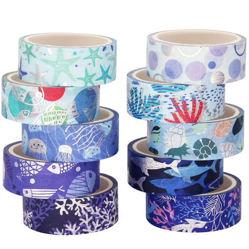 YUBX Ocean Blue Washi Tape Set 10 Rolls Silver Foil Print Decorative Masking Tapes for Arts, DIY Crafts, Journals, Planners, Scrapbook, Wrapping (...