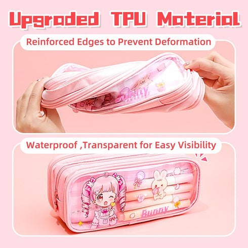 ITA Pencil Pouch Kawaii Large Capacity Pen Case : Cute Aesthetic Pencil Box Stationery Supplies for Teen Girls, 4 Included Highlighters (Pink)...