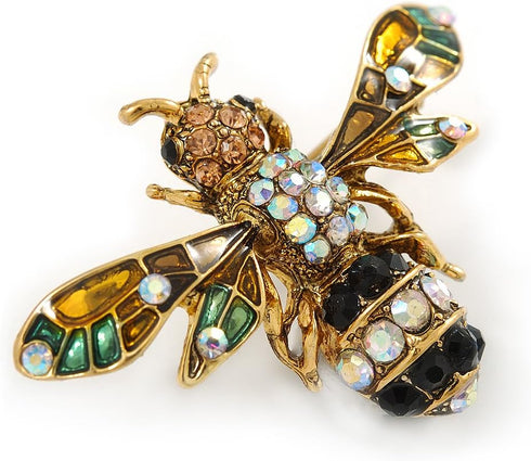 Vintage Inspired Crystal Enamel Bee Brooch in Gold Tone - 45mm Across...