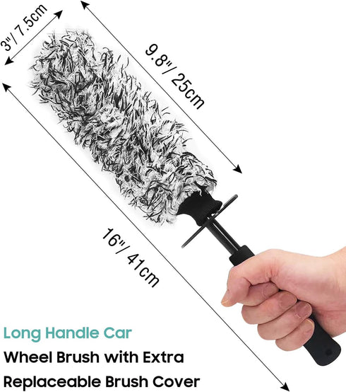 Car Wheel Brush Kit, Scratch-Free Microfiber Rim Brush with 2 Replaceable Car Wheel Cleaner Brush Cover, Tire Cleaning Brush for Truck Camper SUV ...