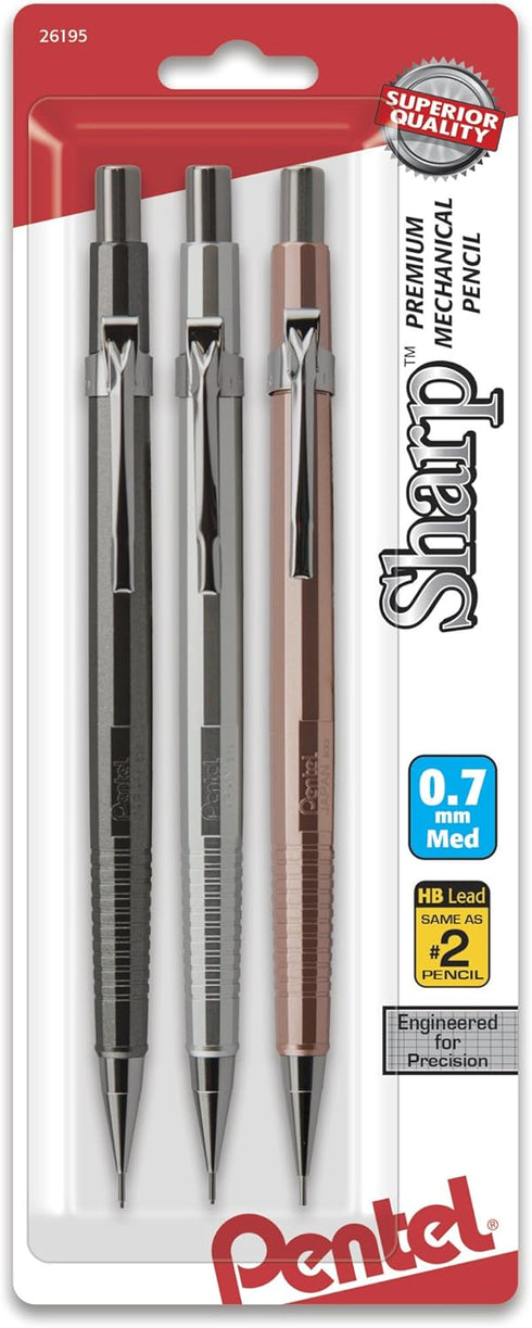 Pentel Sharp Mechanical Pencil, (0.7mm), Medium Line, Metallic Barrel, Assorted Colors, Pack of 3 (P207MBP3M)...