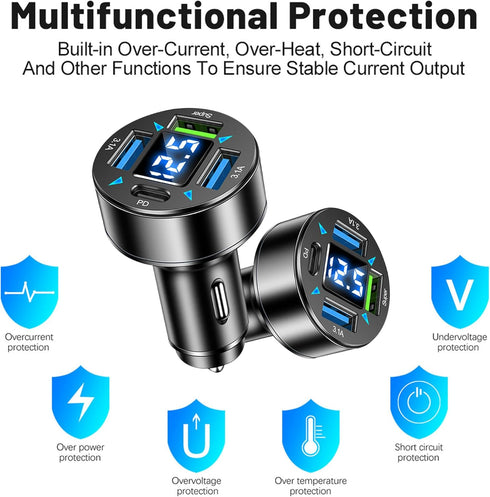 Fast Car Charger,4 Ports Cigarette Lighter USB Charger with LED Voltmeter,PD3.1/Super Port Car Charger Adapter Fast Charging,Compatible with iPhon...