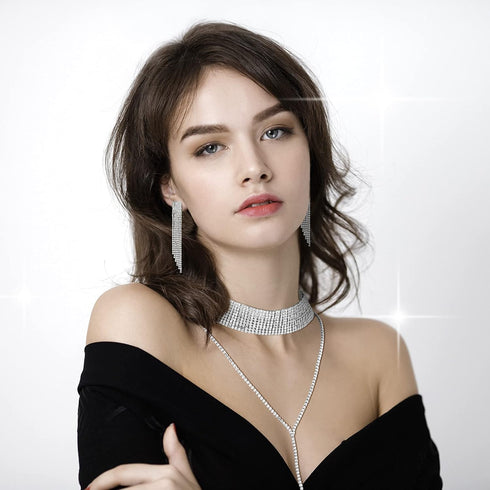 MTLEE 6 Pieces Women Crystal Jewelry Set Rhinestone Layered Choker Necklaces Long Tassel Necklaces Crystal Bracelet Cuff Bangles Diamond Tassel Da...