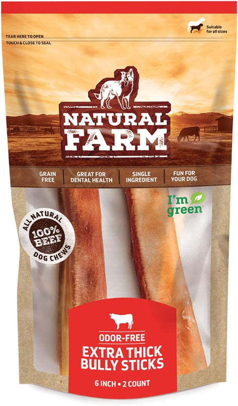 Natural Farm Odor-Free Jumbo Bully Sticks, (6 Inch, 2 Pack), Extra-Thick Chews for Dogs, Fully Digestible 100% Beef Treats, Great for Dental Healt...