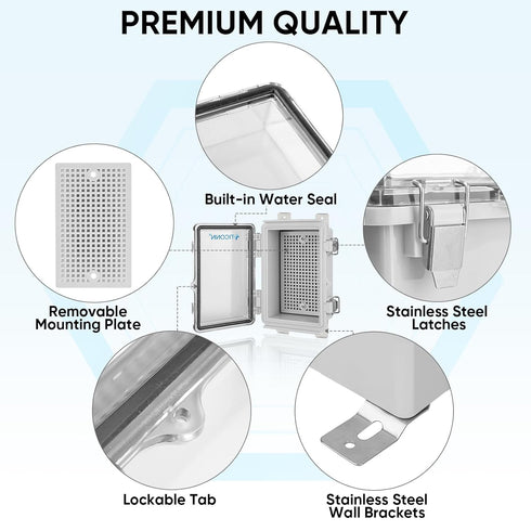 TICONN Waterproof Electrical Junction Box IP67 ABS Plastic Enclosure with Hinged Cover with Mounting Plate, Wall Brackets, Cable Glands (Clear, 5....