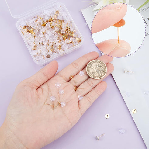 Beebeecraft 200Pcs Earring Posts 24K Gold Plated Stainless Steel Flat Pad Blank Earring Studs with 200Pcs Plastic Ear Nuts for DIY Stud Earrings J...