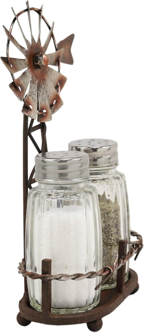 Ebros 6.5"Tall Rustic Country Farm Agricultural Windmill Outpost Salt And Pepper Shakers Holder Display Stand Set Western Kitchen Dining Home Deco...
