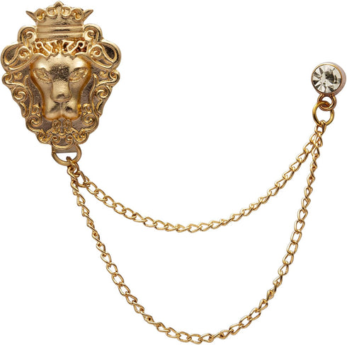 Knighthood Brooch Pin Golden Brass Lion Design With Chain Lapel Pin Brooch for Men Jewelry Christmas Brooch Suit Stud Lapel Pin...
