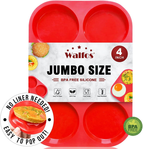 Walfos Silicone Muffin Top Pans for Baking 4inch Jumbo Size, Perfect Results Premium Non-Stick Bakeware Egg Baking Pan, Great for Eggs, Hamburger ...