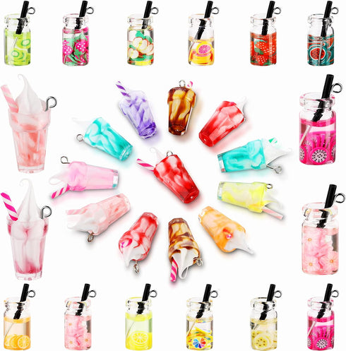 Hicarer 48 Pieces Resin Ice Cream Cup Charms Pendants Colorful Glass Fruit Drink Cup Bottle Charms Fruit Tea Mini Bottle Charm Pendants for DIY Ke...