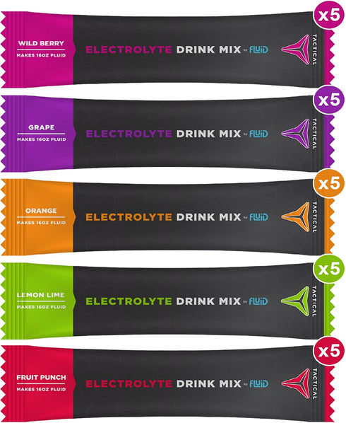 Fluid Tactical - Electrolyte Powder Drink Mix, Travel Ready Stick Packs, Extreme Re-Hydration, Low Sugar, Prevent Dehydration, Eliminate Cramps (V...