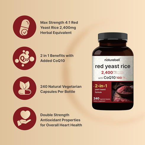 NatureBell Red Yeast Rice 2,400mg with CoQ10 100mg | 240 Veggie Capsules (1,200mg Per Capsule) – Max Strength Herbal Supplement – Antioxidant Supp...