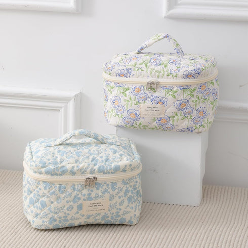 Large Travel Quilted Makeup Bag for Women, Floral Cotton Cosmetic Bag, Coquette Aesthetic Floral Toiletry Organizer Bag...