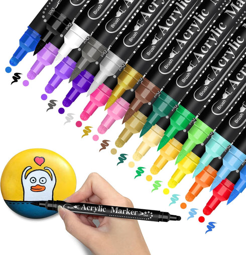 Dual Tip Acrylic Paint Pens, 26 Colors, Medium and Brush Tips, Ideal for Rock Painting, Ceramic, Wood, Plastic, Calligraphy, Scrapbooking, Card Ma...