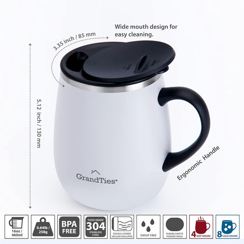 GRANDTIES Insulated Coffee Mug with Handle - Sliding Lid for Splash-Proof 16 oz Wine Glass Shape Thermal Tumbler with Double Walled Vacuum Stainle...
