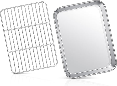 Joyfair Toaster Oven Baking Pan with Rack, 9”x 7” Stainless Steel Small Baking Tray and Cooling Rack Set, Great for Cookies/Bacon/Steaks, Non Stic...