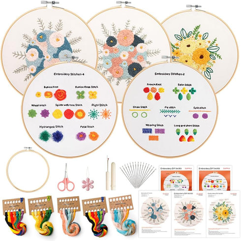 Embroidery Kit for Beginners, Starters with Stamped Pattern, 5 Sets Cross Stitch Kits for Adults Hand Craft Lover with Embroidery Cloth, Hoop, Col...