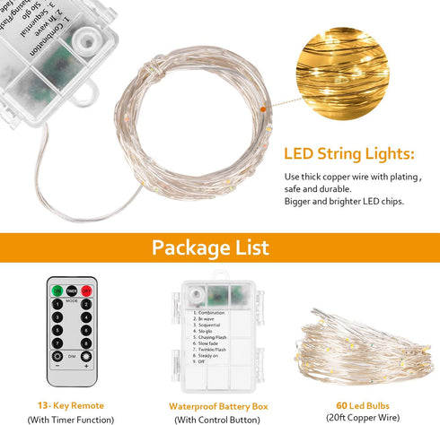 2 Pack 20ft 60 Led Fairy Lights with Remote Timer Waterproof Christmas Decor Battery Operated Twinkle Firefly Lights for Bedroom, Garden, Easter, ...