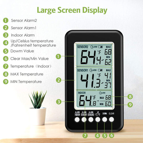 KeeKit Refrigerator Thermometer, Wireless Indoor Outdoor Thermometer with 2 Sensors, Digital Fridge Thermometer with Audible Alarm, Temperature Ga...